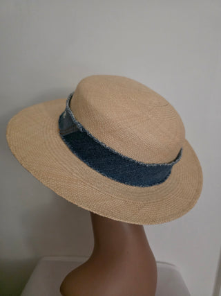 Chanel Beige Interlocking CC Denim Straw Hat S sz