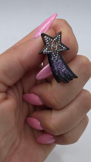 Chanel Black Silver-tone Strass Interlocking CC Shooting Star Earrings