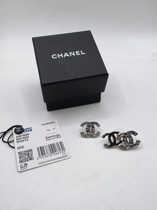 Chanel Silver-tone Strass CC Stud Earrings