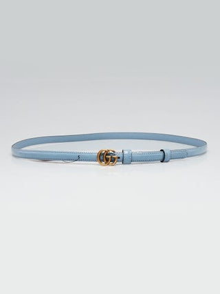 Gucci Cloudy Blue Patent Leather Double G Skinny Belt Size 90/36