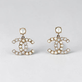 Chanel Gold-tone Faux Pearl Strass Interlocking CC Drop Earrings