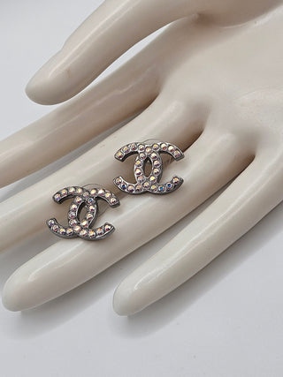 Chanel Iridescent Strass Interlocking CC Stud Earrings