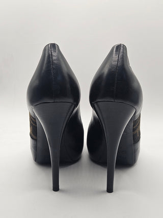 Fendi Black Leather Zucca FF Logo Peep-toe Pumps 40 sz