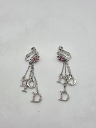 Christian Dior Silver-tone Crystal Floral Logo Drop Clip-On Earrings