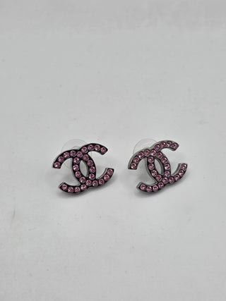 Chanel Silver-tone Pink Strass Interlocking CC Stud Earrings
