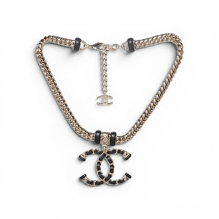 Chanel Gold Metal Black Leather Interlocking CC Logo Chain Link Choker Necklace