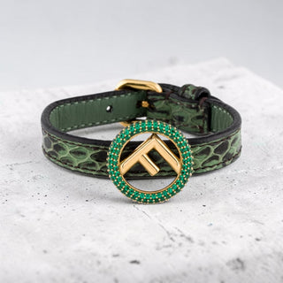 Fendi Gold-tone Crystal Green Snake Skin FF Leather Wrap Bracelet