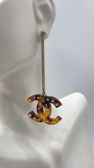 Chanel Gold-tone Brown Resin Strass CC Drop Earrings