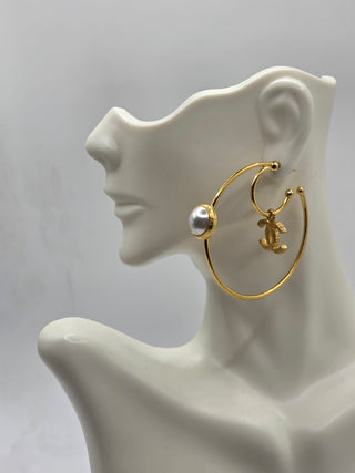 Chanel Gold-tone 2020 Faux Pearl Interlocking Hoop Earrings