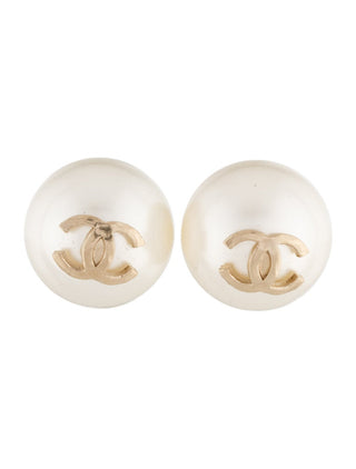 Chanel Gold-tone White Faux Pearl Interlocking CC Stud Earrings