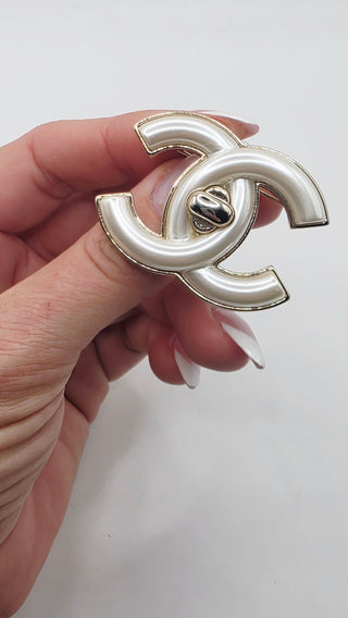 Chanel Goldtone Metal Glass Pearl Interlocking CC Turnlock Brooch