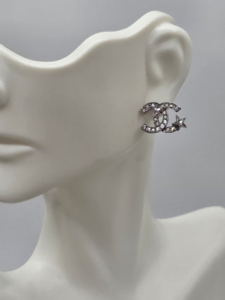 Chanel Silver-tone Strass Interlocking Stud Earrings