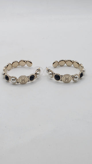 Chanel Faux Pearl Strass Interlocking CC Hoop Earrings