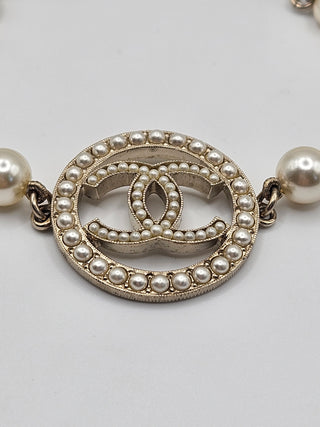 Chanel Gold-tone Faux Pearl Interlocking CC Charm Bracelet