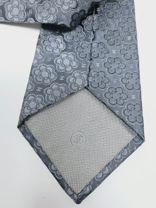 CHANEL Metallic Grey Camellia CC logo Silk Tie