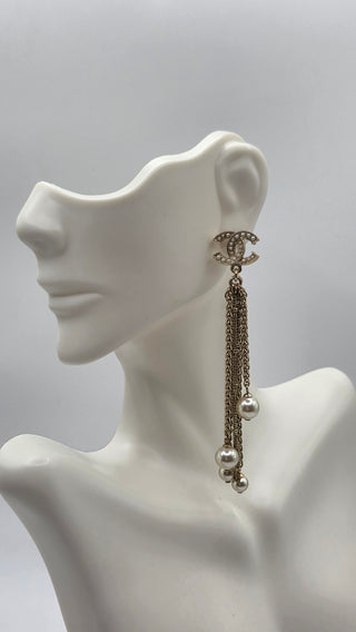 Chanel Gold-tone Faux Pearl Interlocking Drop Earrings