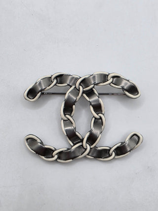 Chanel Silver-tone 2022 Enamel Interlocking CC Brooch