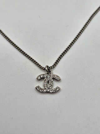 Chanel Silver-tone Strass Interlocking CC Pendant Necklace