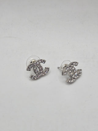 Chanel Silver-tone Strass Interlocking CC Stud Earrings