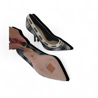 Christian Dior Black Plaid J'Adior Print  Embroidered Pumps 36.5 sz