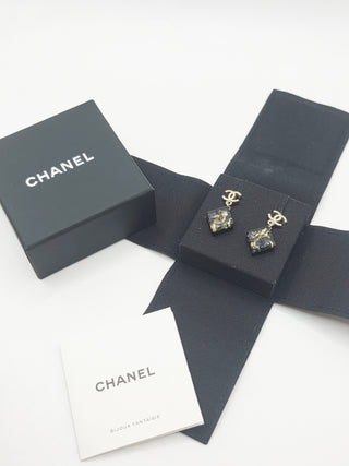 Chanel Gold-tone Black Resin Interlocking CC Drop Earrings