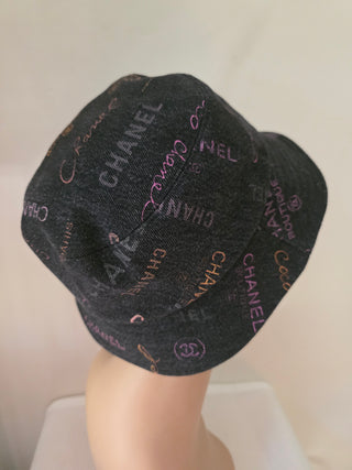 Chanel Black multicolor logo printed denim bucket hat S sz