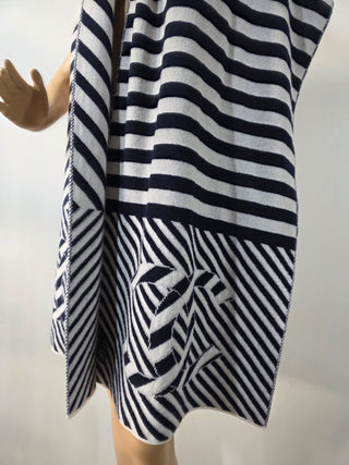Chanel Blue White Cashmere Interlocking CC Logo Scarf