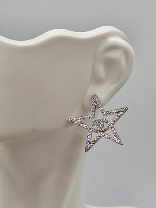 Chanel Silver-tone Strass Star Interlocking Logo Stud Earrings