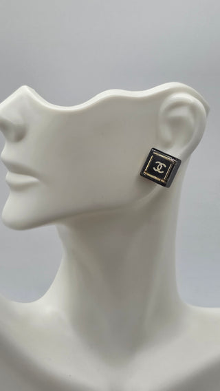Chanel Gold-tone Black Resin Interlocking CC Stud Earrings