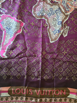 Louis Vuitton Brown Multicolor LV Monogram Map Pattern Silk Scarf