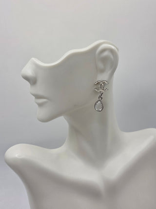 Chanel Silver-tone Strass Interlocking Drop Earrings