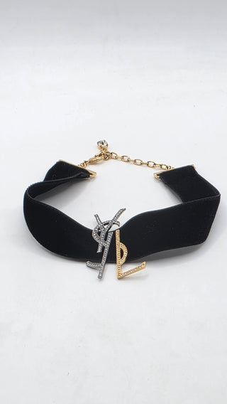 Yves Saint Laurent Black Velvet Crystal Two Tone YSL Metal Logo Choker Necklace