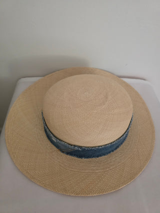 Chanel Beige Interlocking CC Denim Straw Hat S sz