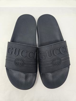 Gucci Black rubber signature logo printed sandals, 40 EU