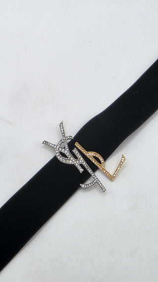 Yves Saint Laurent Black Velvet Crystal Two Tone YSL Metal Logo Choker Necklace