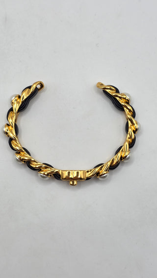 Chanel  Gold-tone Faux Pearl Leather CC Cuff Bracelet