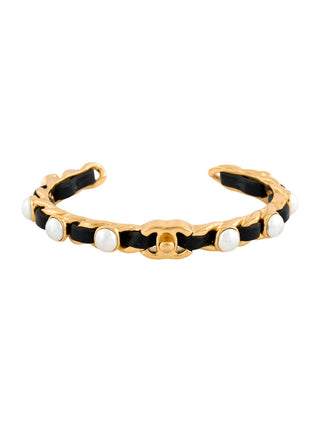 Chanel  Gold-tone Faux Pearl Leather CC Cuff Bracelet