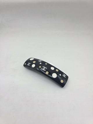 Chanel Black white Polka Dot Interlocking CC Hair Clip