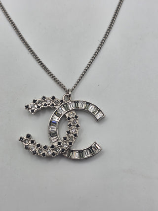 Chanel Silver-tone Strass Interlocking Pendant Necklace