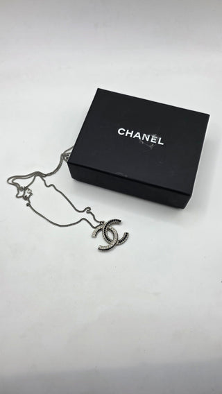 Chanel Silver-tone Strass Interlocking CC Pendant Necklace