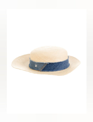 Chanel Beige Interlocking CC Denim Straw Hat S sz