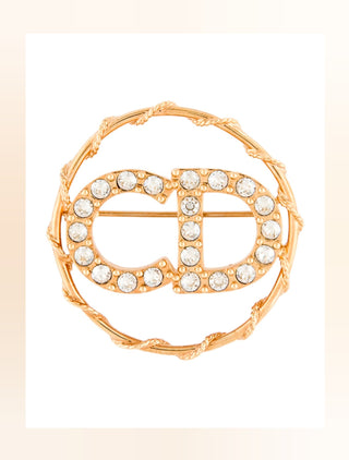 Christian Dior Gold-tone Crystal CD Logo Round Brooch