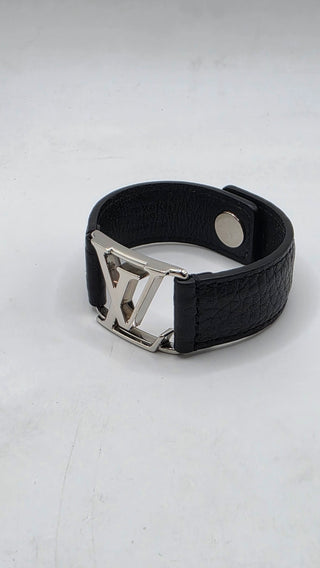 Louis Vuitton Silver-tone LV Logo Black Leather Hockenheim Bracelet