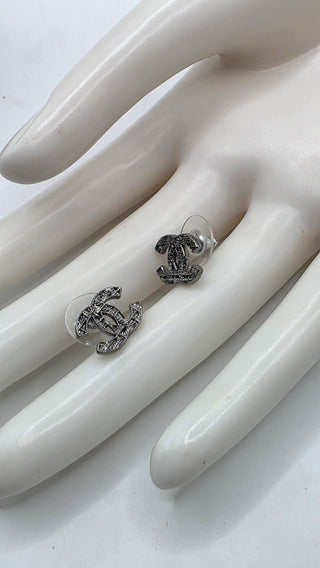 Chanel Silver-tone Interlocking CC Tweed Stud Earrings