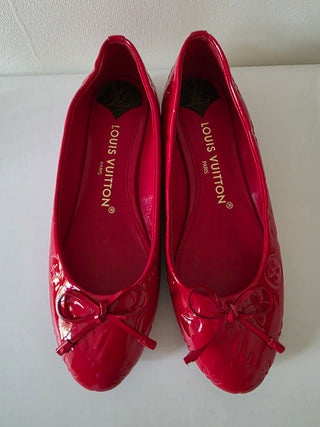 Louis Vuitton Red Patent Leather Bow Accents Ballet Flats 37 sz