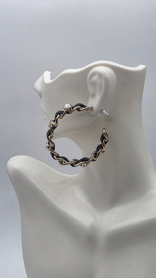 Chanel 2019 Faux Pearl Leather Interlocking CC Hoop Earrings