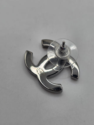 Chanel Silver-tone Pink Strass Interlocking CC Stud Earrings