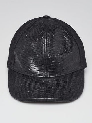 Gucci Black Perforated Leather Mesh GG Baseball Hat S sz
