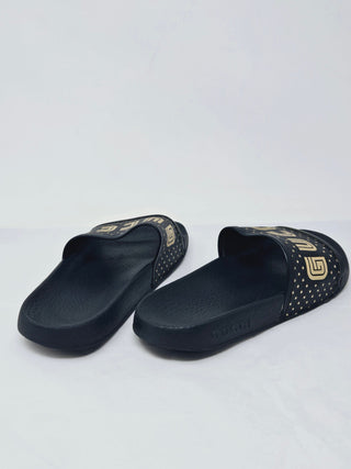 Gucci Black rubber Gold-tone logo printed pool slides 37 sz