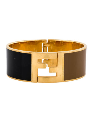 Fendi Gold-tone Brown Enamel FF Fendista Bangle Bracelet